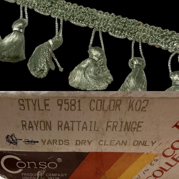 Vtg Conso Fabric Upholstery 2" Fringe Tassel  Trim Rattail  Pom Pom Green -Yard - Picture 1 of 5